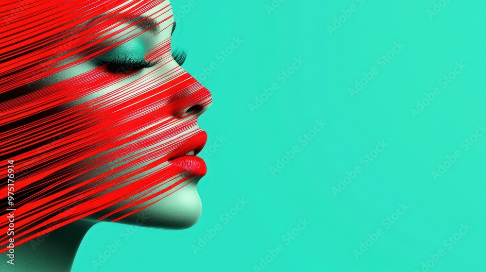 Wall mural Abstract Female Portrait with Red Lines on Turquoise Background