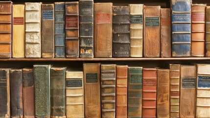 Antique Leather Bound Books on Wooden Shelf