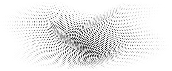 Flowing Wave Dot Halftone Pattern: Curve Gradient Shape on Transparent Background. Suitable for AI, Tech, Network, Digital, Science, and Technology Themes.