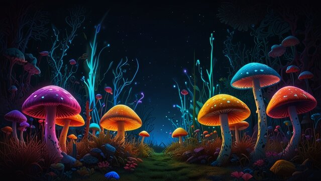 Psychedelic background with fluorescent paints and magic mushrooms, perfect for psy-trance
