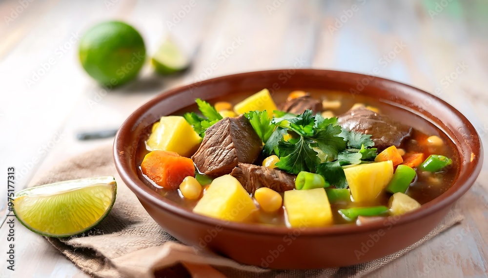 Wall mural Delicious Beef Stew with Vegetables and Herbs in a Brown Bowl