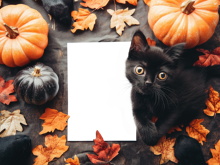 Fundo para Halloween com gatinho preto posando em meio a abóboras e outros enfeites. Papel em branco para adicionar texto personalizado. Ideal para convites, posts e designs temáticos