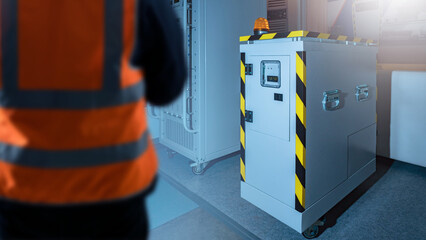 Modern industrial equipment. Gas generator behind worker. Metal cabinet with electrical equipment...