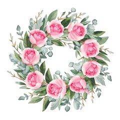 Fototapeta premium Wreath of watercolor pink roses, green leaves and eucalyptus branches, isolated illustration on white background