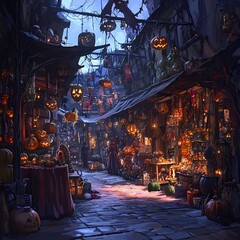 Obraz premium Enchanted Halloween Market: Mystical Costumes, Magical Trinkets, and Mysterious Potions Abound