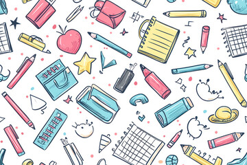 Back to school doodle seamless pattern. Hand drawn background with school supplies and creative elements.