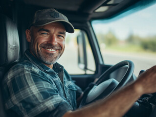 Smiling Professional Truck Driver Behind the Wheel on a Sunny Day