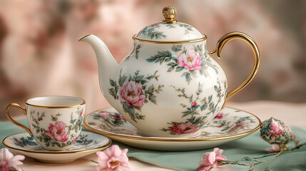 A beautiful porcelain teapot with floral patterns and gold trim, sitting on top of an elegant saucer next to matching cups