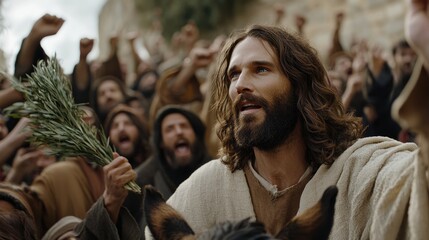 Fototapeta premium Triumphal entry scene: Jesus Christ rides into Jerusalem on donkey, met by jubilant crowds waving palm branches, symbolizing peace, prophecy, significance of Palm Sunday in Christian tradition