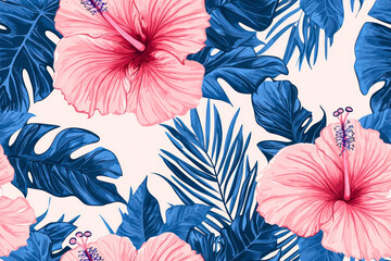 Hand drawn pink hibiscus flower with blue tropical leaf seamless pattern design for summer holidays background.