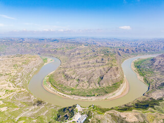 Sunny summer day in the Yellow River Snake Bend Geological Park in Yonghe, Linfen, Shanxi