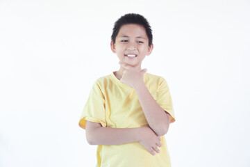 thinking kid - 11 years old child thinking and asking himself a question. Elementary school boy isolated on white background