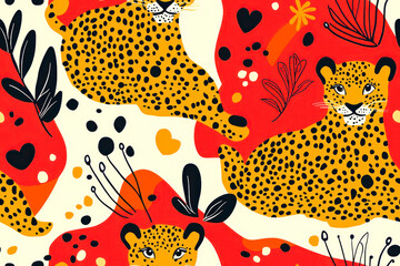 Obraz premium Seamless pattern with hearth and leopard on a colored background.