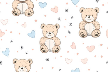 Seamless pattern with teddy bear. Cute pattern for pajamas, stationery, wear, clothes.