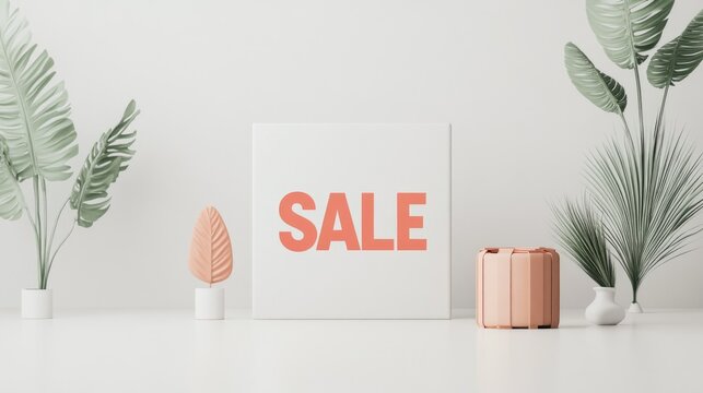 Flash Sale sign in bold orange text on a white square panel, placed between decorative plants. The minimalistic design and neutral background make it ideal for retail marketing