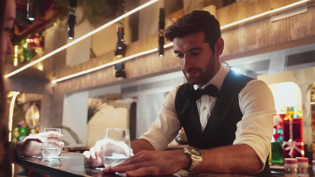Focusing on smart bartender serving gin fizz or tonic at luxurious bar while engaging lively conversation with VIP customer at vibrant warm lighting atmosphere at lighting warm nightclub. Vinosity.
