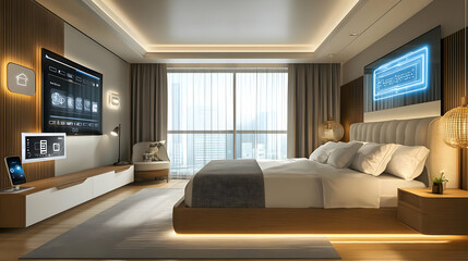 Fototapeta premium Modern Bedroom Interior Design with Smart Home Technology - 3D Illustration