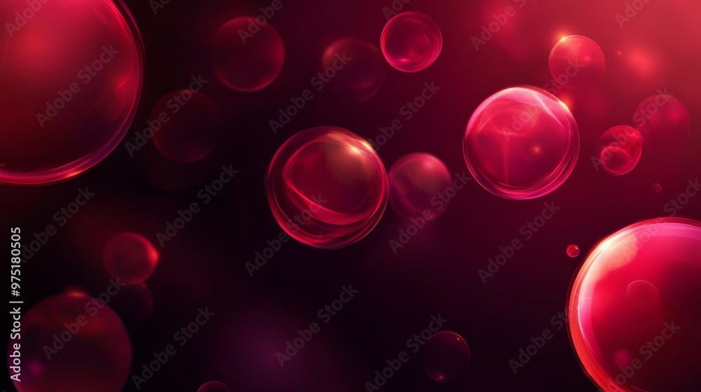Poster red bubbles floating on a dark background, abstract concept