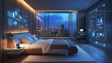 Modern Bedroom with Futuristic Smart Home Technology Illustration