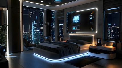 Futuristic Bedroom Interior Design with Night City View - 3D Illustration
