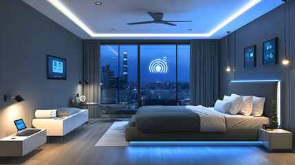 3D Illustration of a Modern Bedroom with City View