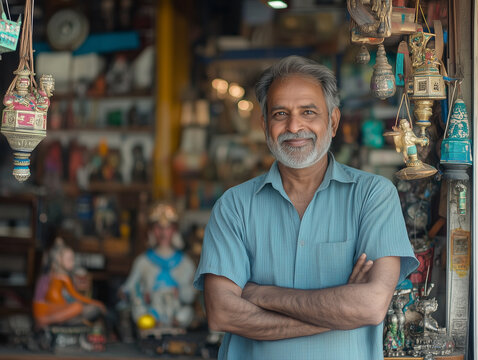 Proud Indian Business Owner Smiling at His Shop Entrance