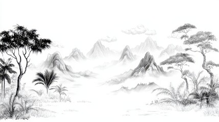 Black and White Landscape Illustration with Mountain Range  Trees  and Clouds