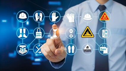 Businessman pressing virtual button featuring Workplace Safty Concept 