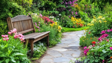 Obraz premium Beautiful garden with blooming flowers a stone pathway 