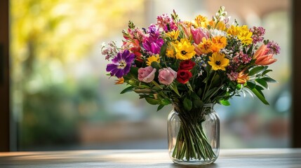 Fototapeta premium Beautifully arranged bouquet of mixed flowers in a glass vase on a wooden table