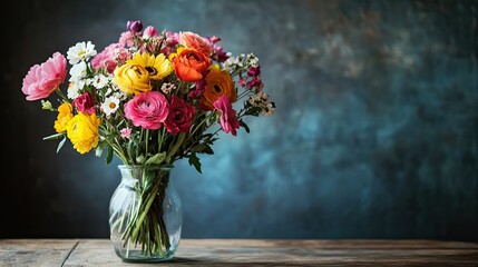 Beautifully arranged bouquet of mixed flowers in a glass vase on a wooden table