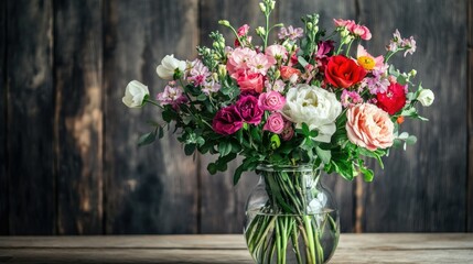 Beautifully arranged bouquet of mixed flowers in a glass vase on a wooden table