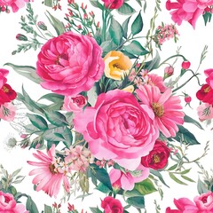 Watercolor floral seamless pattern of pink and red roses and wildflowers, illustration on white background