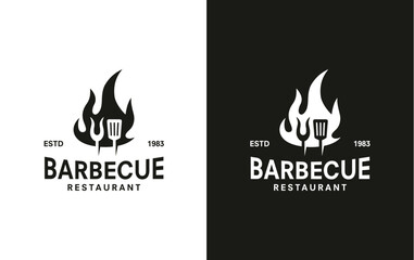 Barbeque logo design. grill food, fire, and spatula concept template Vector flat illustration