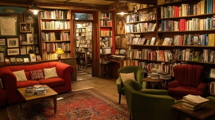 Charming bookstore with shelves full of books 