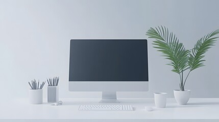 Fototapeta premium 9. **A 3D render of a modern office workspace with a sleek computer, office supplies, and a plant, isolated on a clean white background