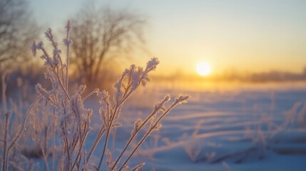 Obraz premium Stunning winter sunrise illuminating a frosty landscape on a cold, serene morning scene