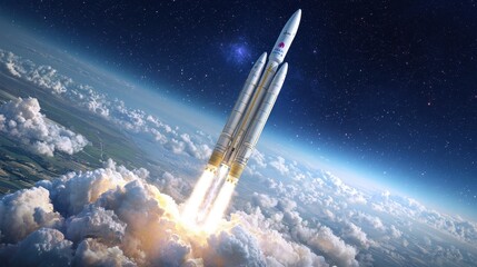 Fototapeta premium Space Rocket Launch Through Clouds Against Starry Sky