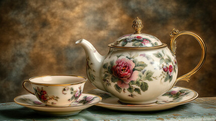A beautiful porcelain teapot with floral patterns and gold trim, sitting on top of an elegant saucer next to matching cups