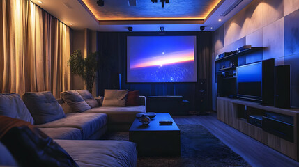 Home Theater Room Interior Design with Comfortable Sofa and Projector Screen