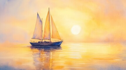 Fototapeta premium Sailboat Sunset Watercolor Painting