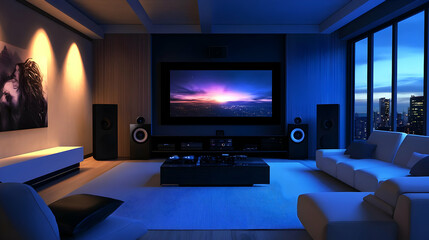 Modern Home Theater Room with Cityscape View 3D Illustration
