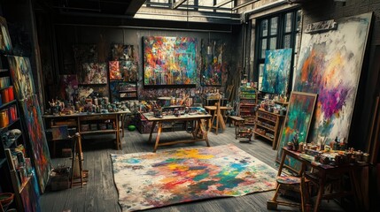 Obraz premium Creative artist studio with vibrant paints canvases and an inspiring workspace