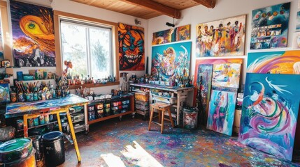 Obraz premium Creative artist studio with vibrant paints canvases and an inspiring workspace