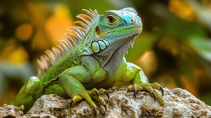 Obraz premium A vibrant green iguana perched on a rock amidst foliage.