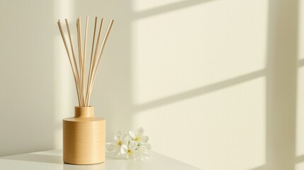 Wooden Diffuser Sticks With White Flowers On A White Table With Sunlight Shadow