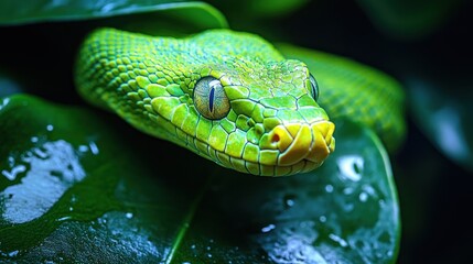 A close-up of a vibrant green snake resting on leaves.