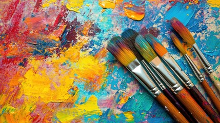 Obraz premium Creative studio with vibrant paint splatters art supplies 