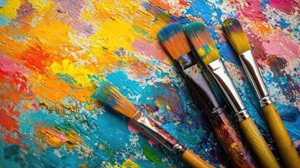Obraz premium Creative studio with vibrant paint splatters art supplies 