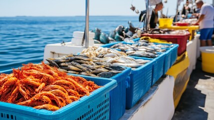 Sustainable seafood market promoting eco-friendly fish variety, healthy marine products. AI generated